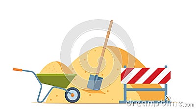 Wheelbarrow, sand pile, shovel. Building work process concept. Construction equipment. Vector illustration Vector Illustration