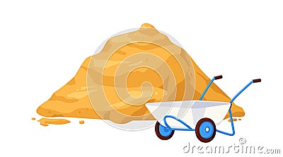 Wheelbarrow with sand pile. Wheel barrow and construction material heap for building. Agricultural carriage, wagon. Flat Vector Illustration