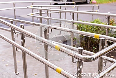 Wheelchair entry, outdoor object, nobody.Way of wheelchair, concrete ramp way with stainless steel handrail with Stock Photo