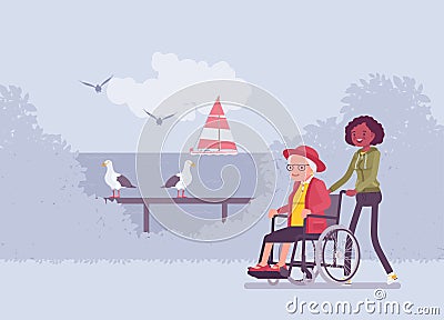 Wheelchair female senior, aged handicapped woman outdoor walking with nurse Vector Illustration