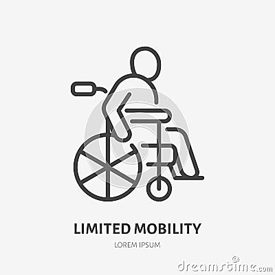 Wheelchair flat line icon. Disabled person in wheel chair vector illustration. Thin sign of limited mobility citizen Vector Illustration