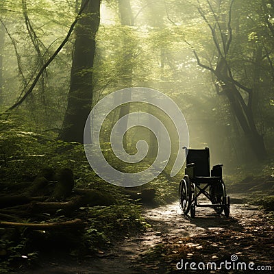 Wheelchair in the forest, copy space Stock Photo