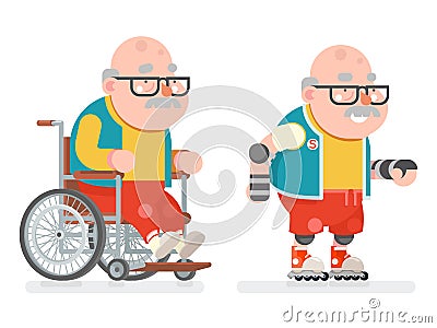 Wheelchair Grandfather Active Lifestyle Roller Skate Adult Sports Healthy Old Age Man Character Cartoon Flat Design Vector Illustration