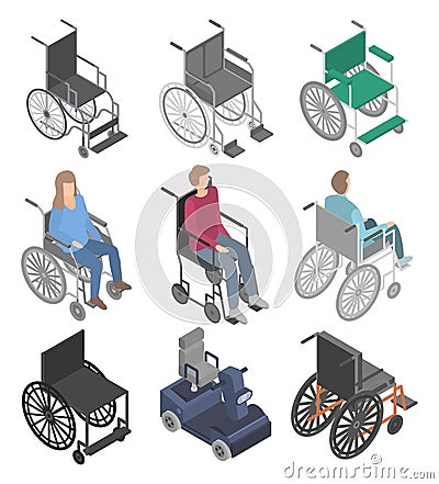 Wheelchair icons set, isometric style Vector Illustration