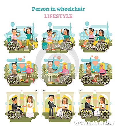 Wheelchair person lifestyle vector illustration collection. Vector Illustration