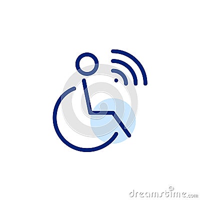 Wheelchair with remote control and sensors. Internet of things technologies. Pixel perfect, editable stroke icon Vector Illustration