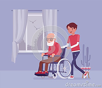 Wheelchair senior, aged handicapped man with male nurse at home Vector Illustration