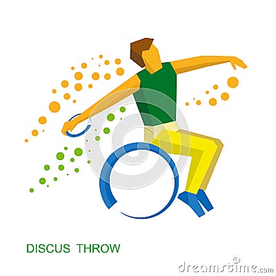 Wheelchair sportsman throwing discus. Flat sport icon. Vector Illustration