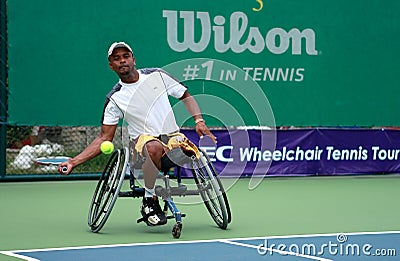 A wheelchair tennis player during a tennis championship match, t Editorial Stock Photo