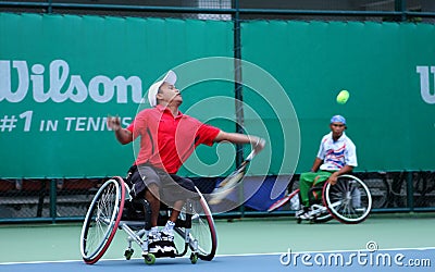 A wheelchair tennis player during a tennis championship match, t Editorial Stock Photo