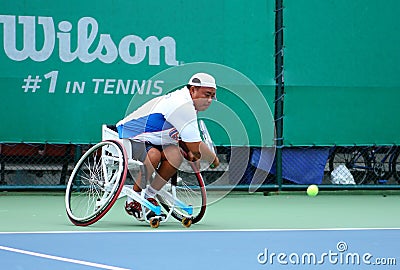 A wheelchair tennis player during a tennis championship match, t Editorial Stock Photo