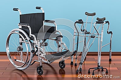 Wheelchair, walking frame and crutches on the wooden floor in th Stock Photo