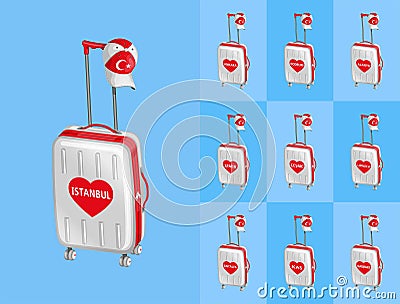 Wheeled bags for travel to Turkey touristy cities with Turkish cap Vector Illustration