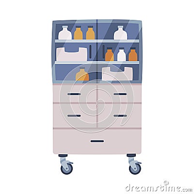 Wheeled Cabinet with Drugs and Medication as Medical Equipment and Assistance Device Vector Illustration Vector Illustration