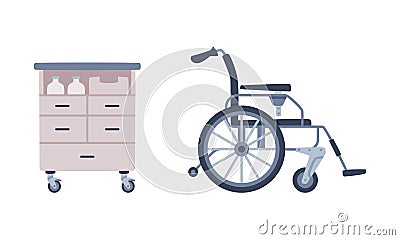 Wheeled Cabinet with Medication and Wheelchair as Medical Equipment and Assistance Device Vector Set Vector Illustration