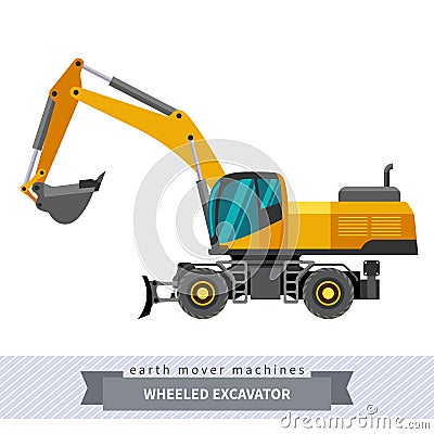 Wheeled excavator for earthwork operations Vector Illustration