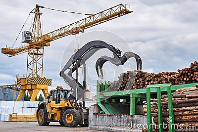 Grapple loader unloads logs onto a feed conveyor in the yard of a woodworking plant Stock Photo