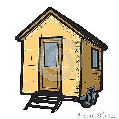 Wheeled tiny house or cabin trailer, cute vehicle hovel front view Vector Illustration