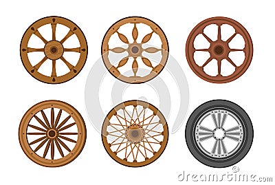 Wheels Evolution from Old Ancient Wooden Ring to Modern Transport Wheel. Transportation History Invention, Progress Vector Illustration