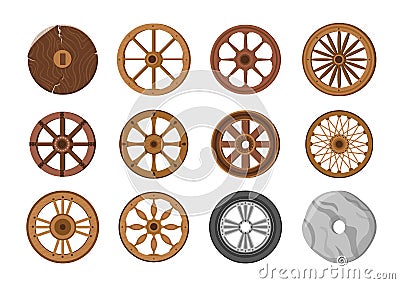 Wheels Evolution from Old Primitive Stone Ring and Ancient Wooden to Modern Transport Wheel. Transportation Invention Vector Illustration
