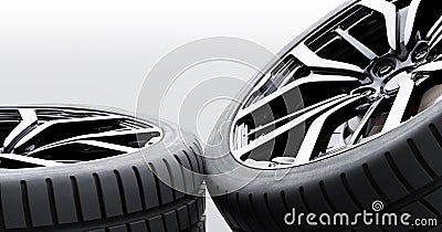 Wheels with modern alu rims on white background, close-up banner Cartoon Illustration