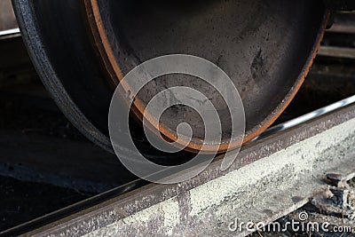 Freight train wheels on rails Stock Photo
