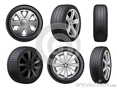 Wheels realistic. Tyres road maintenance vector automobile 3d automobile items collection Vector Illustration