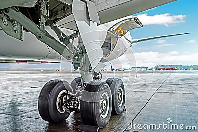 Wheels rubber tire rear landing gear racks airplane aircraft, under wing view. Stock Photo