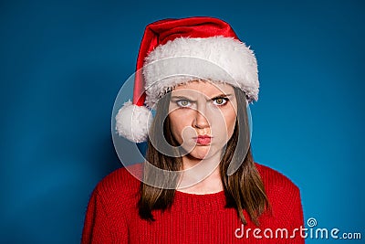 Where chirstmas party gift present close up portrait sullen anger girl grimace have bad mood newyear event wear season Stock Photo