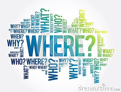 WHERE? - Questions whose answers are considered basic in information gathering or problem solving, word cloud background Stock Photo