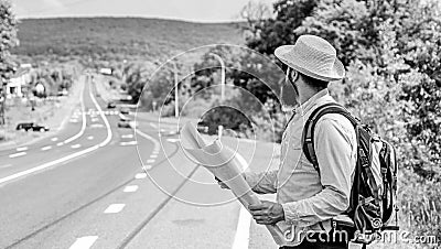 Where should I go. Tourist backpacker map lost direction travelling. Around the world. Map allow recognize enough Stock Photo