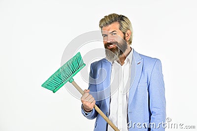 Where start cleaning. Clear reputation. Hipster hold cleaning tool. Man use broom. Businessman sweeping office Stock Photo