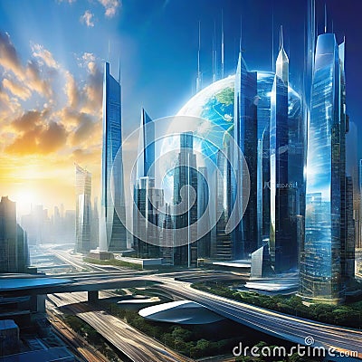 where technology and commerce sleek and modern city adorned with Cartoon Illustration