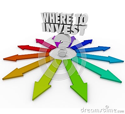 Where to Invest Question Mark Many Arrows Pointing Choices Stock Photo