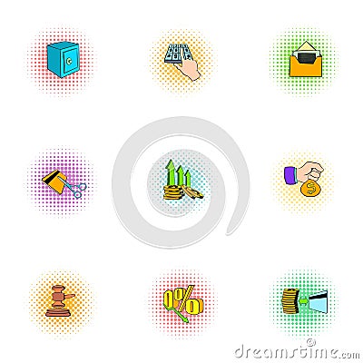 Wherewithal icons set, pop-art style Vector Illustration