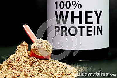 Whey Protein Powder in measuring scoop. Stock Photo