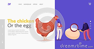 Which Came First Chicken or Egg Landing Page Template. Tiny Characters at Huge Hen with Magnifier Solve Paradox, Dilemma Vector Illustration