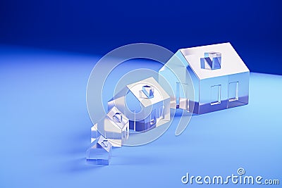 Concept shot: four differently sized glass models of houses on a seamless classic blue background Stock Photo