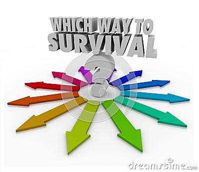 Which Way to Survival Quesion Arrows Pointing Way Stock Photo