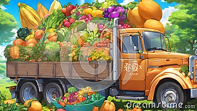 illustration of an abundant harvest on a truck with a little exaggeration Cartoon Illustration