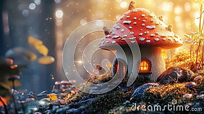 Whimsical Amanita muscaria home for tiny magical creatures in an enchanted forest Stock Photo