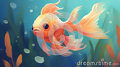Whimsical Anime Goldfish Swimming Underwater - Cute Fish Illustration Stock Photo