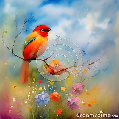 Whimsical Avian Artistry - Watercolor Painting of a Bird on a Branch Stock Photo