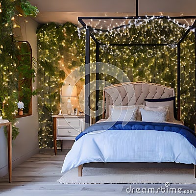 A whimsical bedroom with a canopy bed and fairy lights5, Generative AI Stock Photo