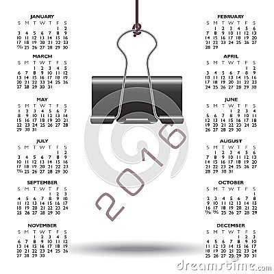 Whimsical binder clip 2016 calendar Vector Illustration