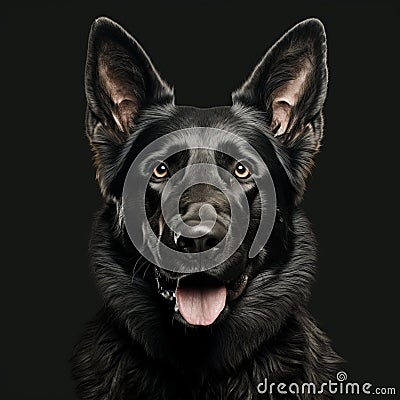 Whimsical Black German Shepherd Dog Portrait On Black Background Stock Photo