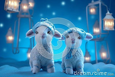 Whimsical blue ambiance with twin lambs and radiant lantern Stock Photo