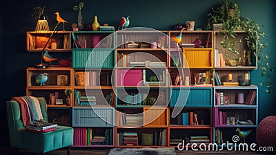 A whimsical bookshelf with various colorful books created with Generative AI Stock Photo