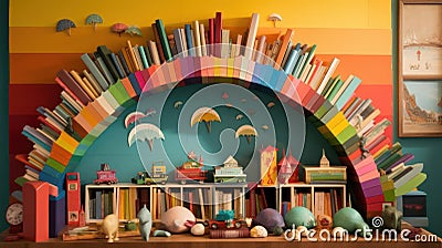 A whimsical bookshelf with various colorful books created with Generative AI Stock Photo