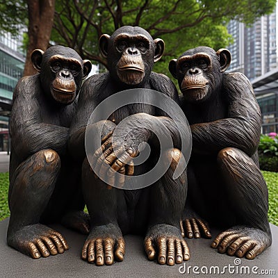 Brass statue of three chimpanzees in park environment Stock Photo
